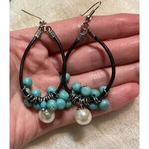 Drop Hoop Earrings with Black Leather Hoop, Turquoise Colored Beads and Drop Pea